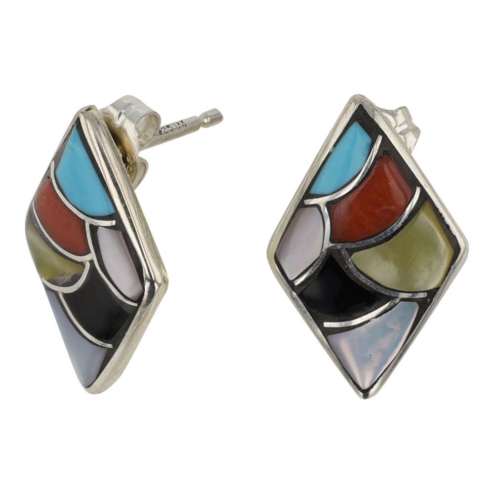 Zuni Turquoise Coral Acoma Jet & Mother of Pearl Inlay Earrings: Sterling Silver | Genuine Turquoise, Coral, Acoma Jet, Shell & Mother of Pearl | Zuni Turquoise Coral Acoma Jet & Mother of Pearl Inlay Earrings | Zuni Native American Southwest Indian Jewelry | Good 