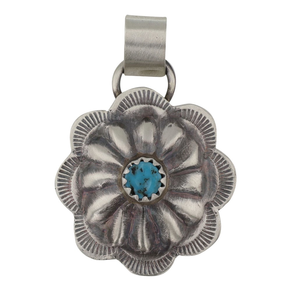 Navajo Kingman Turquoise Concho Stamp Pendants: Sterling Silver | Genuine Kingman Turquoise | Navajo Kingman Turquoise Concho Stamp Pendants | Navajo Native American Southwest Indian Jewelry | Good (no breaks or damages) | Approximate Weight: 2 Gra