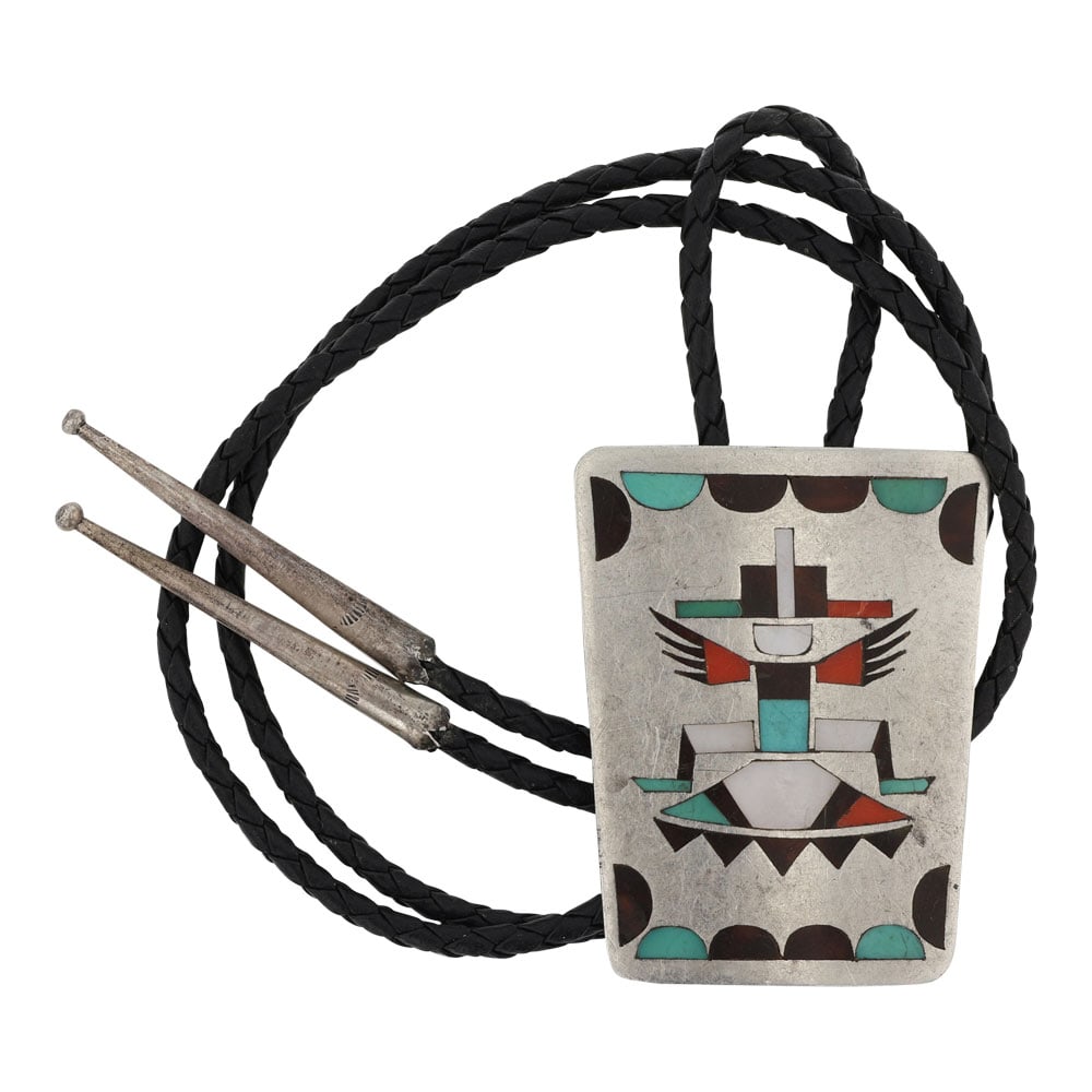Fred & Lolita Natachu Zuni Vintage Turquoise Coral Shell & Mother of Pearl Inlay Bolo Tie (1 of 3)