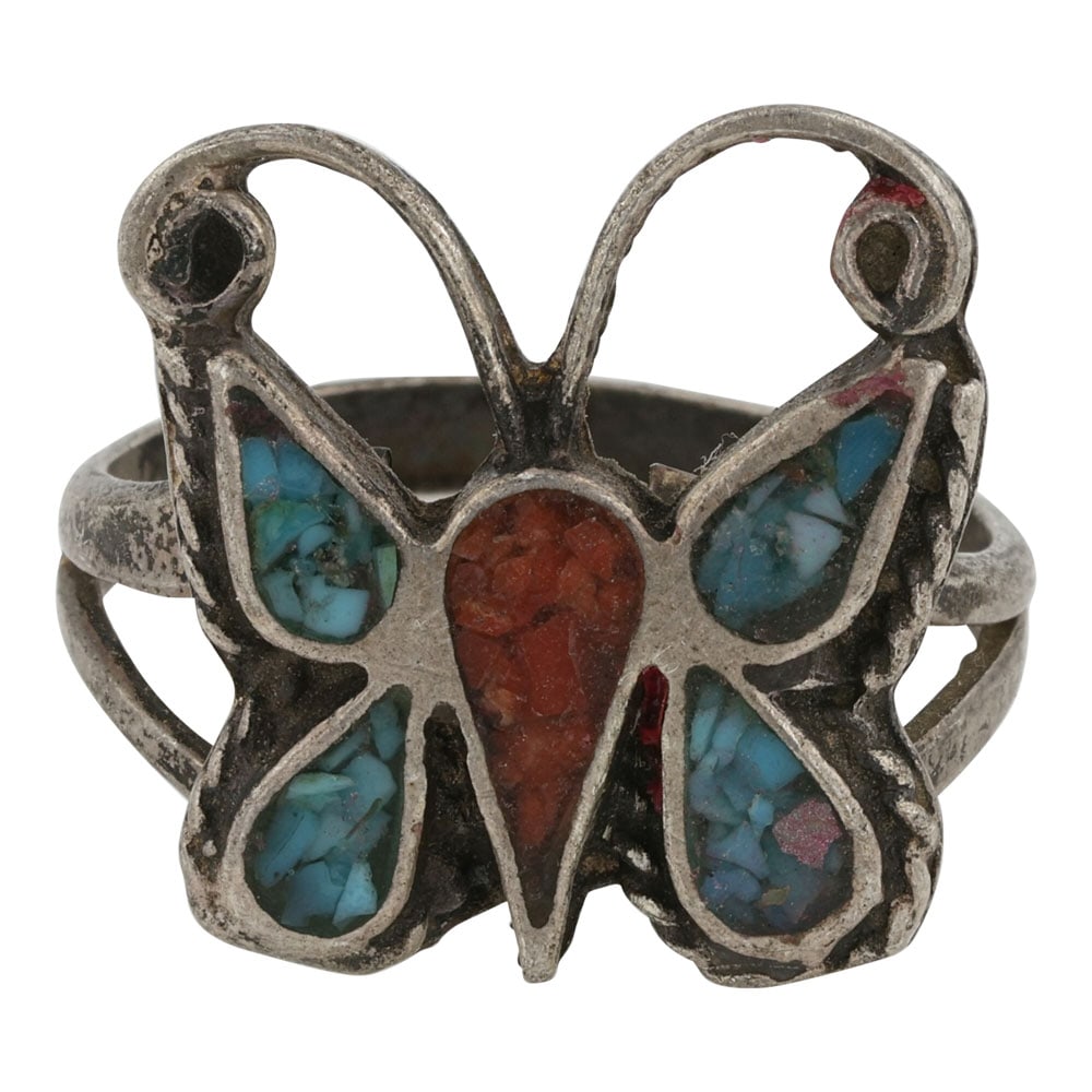 Vintage Navajo Turquoise & Coral Chip Inlay Ring: Sterling Silver | Genuine Turquoise & Coral | Vintage Navajo Turquoise & Coral Chip Inlay Ring | Navajo Native American Southwest Indian Jewelry | Good (no breaks or damages) | Approximate Weight: 4 G