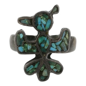 Vintage Navajo Turquoise Chip Inlay Thunderbird Ring