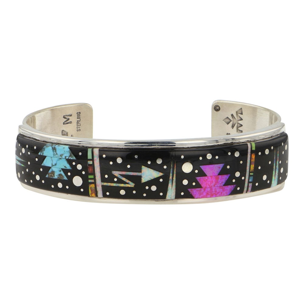 Mathew Jack Navajo Turquoise Coral Acoma jet & Synthetic Opal Micro Inlay Cuff Bracelet (1 of 3)
