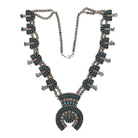 Nelson Harry Vintage Zuni Sleeping Beauty Turquoise Needlepoint Squash Blossom Necklace