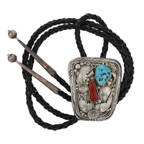 Vintage Navajo Turquoise & Coral Bolo Tie