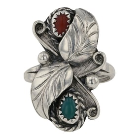 Vintage Navajo Turquoise & Coral Ring