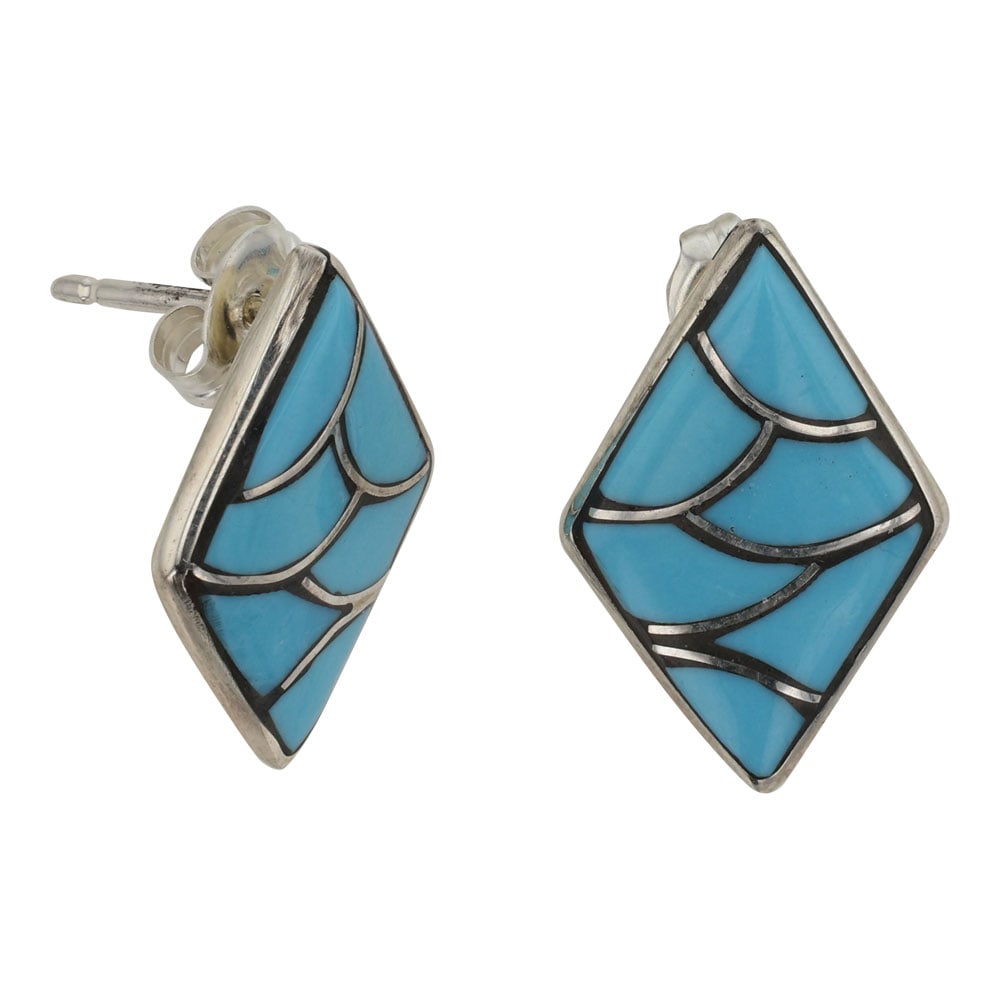 Zuni Kingman Turquoise Inlay Earrings: Sterling Silver | Genuine Kingman Turquoise | Zuni Kingman Turquoise Inlay Earrings | Zuni Native American Southwest Indian Jewelry | Good (no breaks or damages) | Approximate Weight: 2 Grams | Earrin