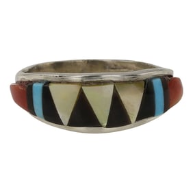 Zuni Turquoise Coral Acoma Jet & Shell Inlay Ring