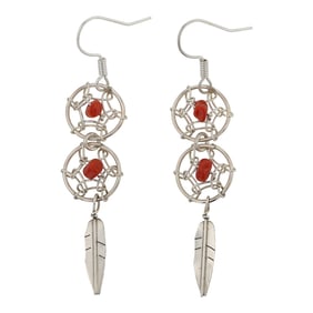 Navajo Mediterranean Coral Dream Catcher Earrings