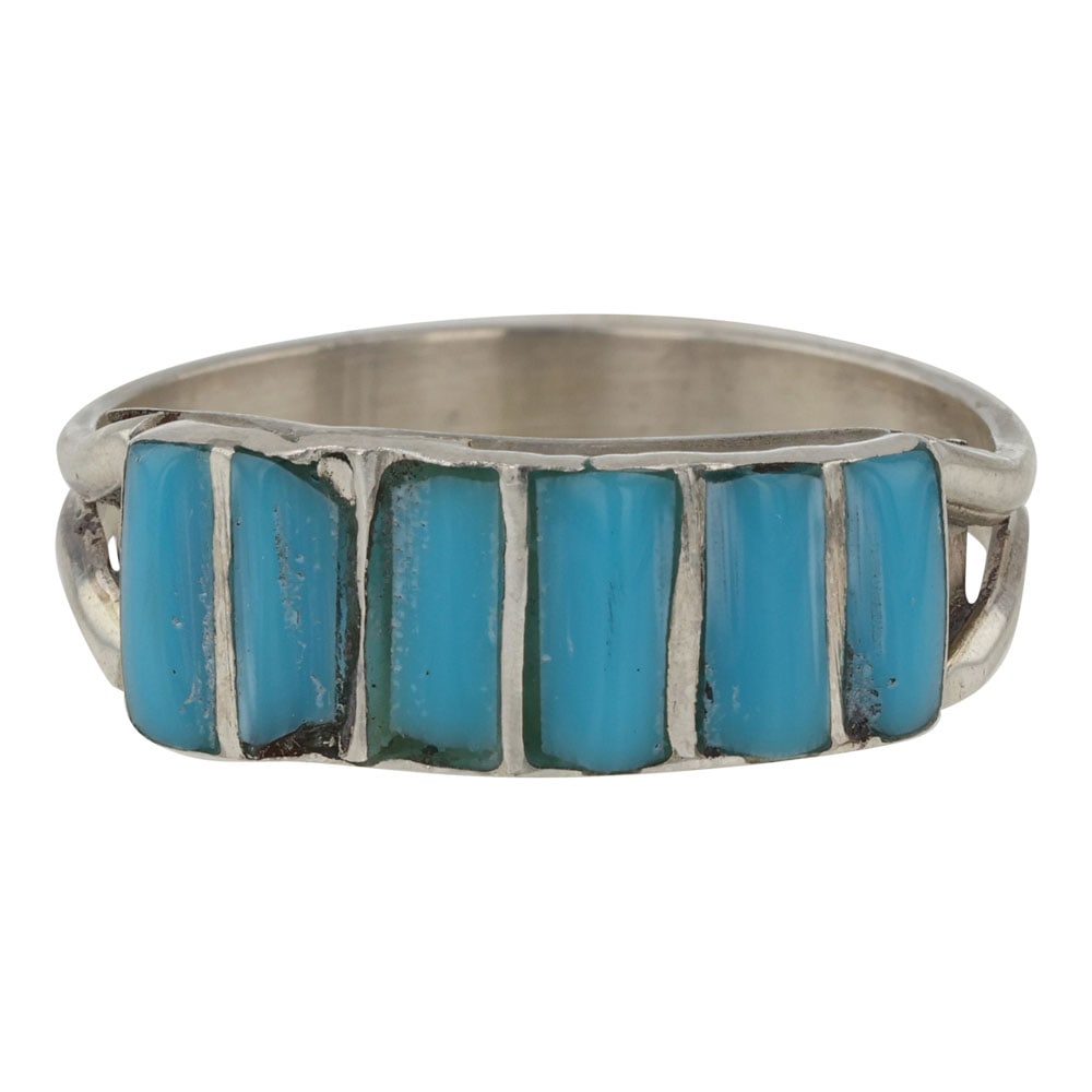 Zuni Kingman Turquoise Inlay Ring: Sterling Silver | Genuine Kingman Turquoise | Zuni Kingman Turquoise Inlay Ring | Zuni Native American Southwest Indian Jewelry | Good (no breaks or damages) | Approximate Weight: 2 Grams | Ring: 8.5 