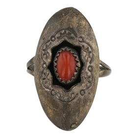 Vintage Navajo Mediterranean Coral Shadowbox Ring