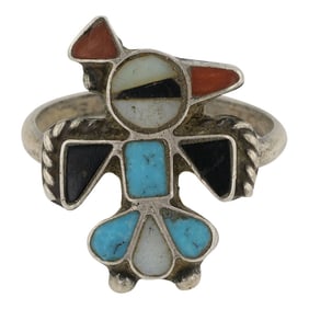 Vintage Zuni Turquoise Coral & Mother of Pearl Thunderbird Inlay Ring