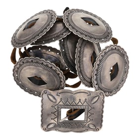 Vintage Navajo Plain Silver Stamp-Work Concho Belt