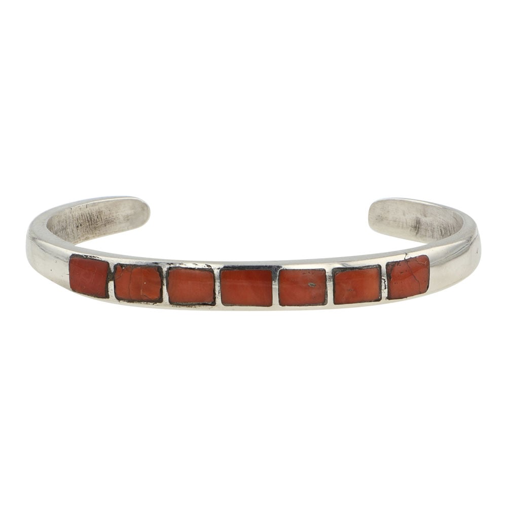 Navajo Mediterranean Coral Inlay Cuff Bracelet: Sterling Silver | Genuine Mediterranean Coral | Navajo Mediterranean Coral Inlay Cuff Bracelet | Navajo Native American Southwest Indian Jewelry | Good (no breaks or damages) | Approximate Weight: 17 