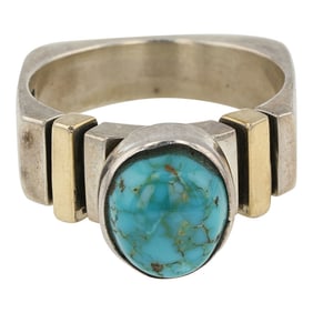 Ron Henry Navajo Contemporary Artist 14K Gold & Sterling Silver Turquoise Mountain Turquoise Ring