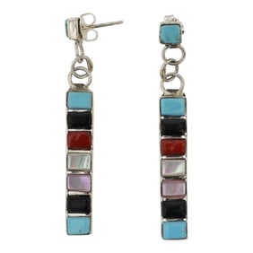 Zuni Turquoise Coral Mother of Pearl Acoma Jet & Shell Inlay Earrings