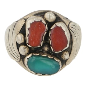 Vintage Navajo Turquoise & Coral Men's Ring