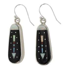 Mathew Jack Navajo Turquoise Coral Acoma Jet & Synthetic Opal Micro Inlay Earrings