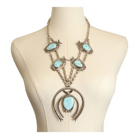 Vintage Navajo Lone Mountain Turquoise Squash Blossom Necklace