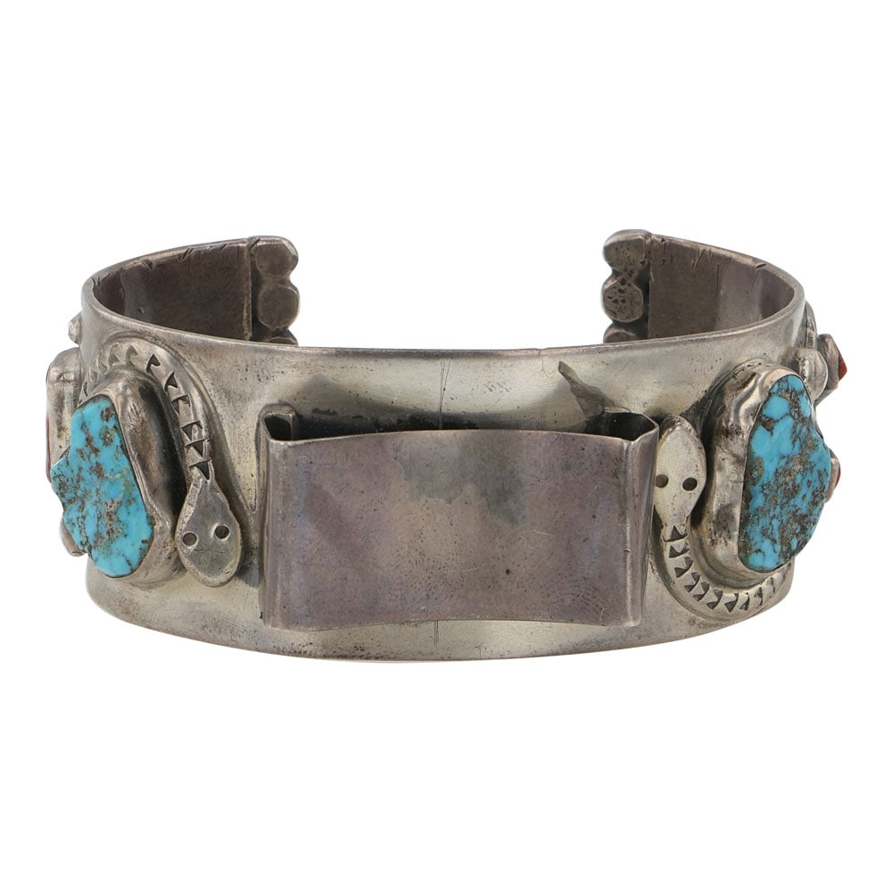 Vintage Zuni Turquoise & Coral Snake Watch Bracelet: Sterling Silver | Genuine Turquoise & Coral | Vintage Zuni Turquoise & Coral Snake Watch Bracelet | Zuni Native American Southwest Indian Jewelry | Good (no breaks or damages) | Approximate Weight: 81