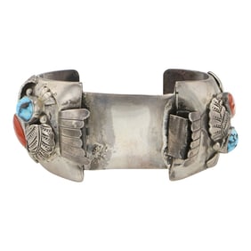 Vintage Navajo Turquoise & Mediterranean Coral Watch Bracelet