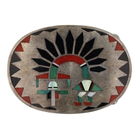 Fred & Lolita Natachu Zuni Turquoise Coral Acoma Jet & Mother of Pearl & Shell Inlay Belt Buckle
