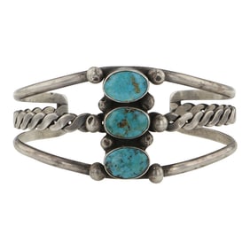 Vintage Navajo Blue Ridge Turquoise Three Stone Cuff Bracelet