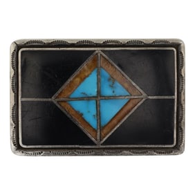 Vintage Zuni Turquoise Jet & Petrified Wood Inlay Belt Buckle