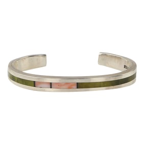 Timmy Yazzie San Felipe / Santo Domingo Award Winning Artist Serpentine & Pink Coral Inlay Cuff