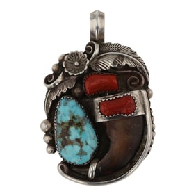 Vintage Navajo Turquoise & Coral Bear Claw Pendant