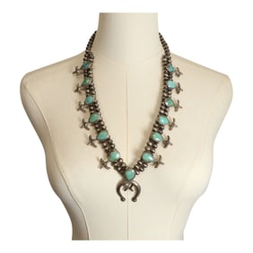 Vintage Navajo Nevada Turquoise Sandcast Squash Blossom Necklace
