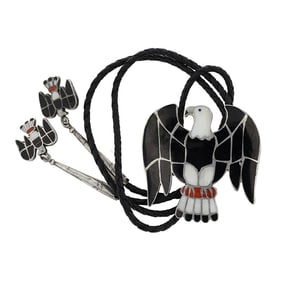 Vintage Zuni Acoma Jet Coral & Mother of Pearl Inlay Eagle Bolo Tie