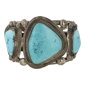 Leslie Nez Navajo Kingman Turquoise Three Stone Cuff Bracelet
