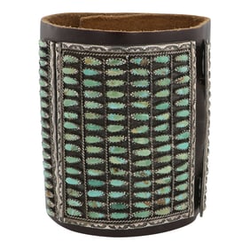 Vintage Navajo Kingman Turquoise Bow Guard Leather Bracelet