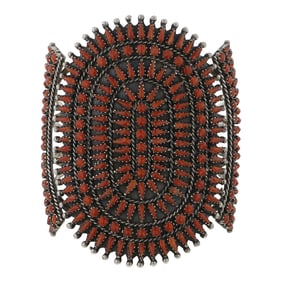 Zuni Vintage 1970's Mediterranean Coral Needlepoint Large Cluster Cuff Bracelet