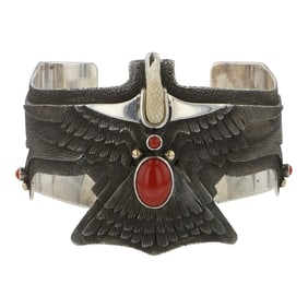 Ray Winner Southwest Anglo Master Artist 14K Gold & Sterling Silver Mediterranean Coral Large Eagle