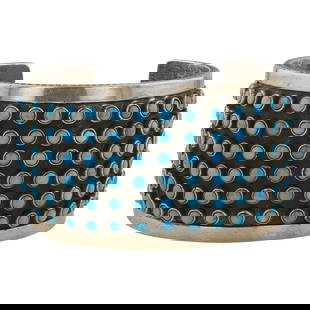 Ernest Rangel Navajo Kingman Turquoise Row Cuff Bracelet: Sterling Silver | Genuine Kingman Turquoise | Ernest Rangel Navajo Kingman Turquoise Row Cuff Bracelet | Navajo Native American Southwest Indian Jewelry | Good (no breaks or damages) | Approximate Wei
