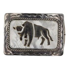 Vintage Zuni Mother of Pearl & Jet Bull Belt Buckle