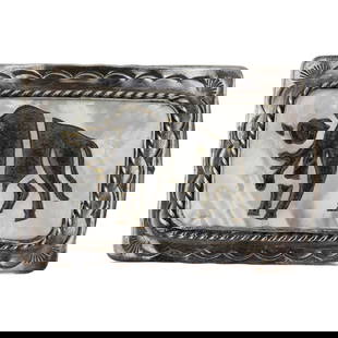 Vintage Zuni Mother of Pearl & Jet Bull Belt Buckle: Sterling Silver | Genuine Mother of Pearl & Jet | Vintage Zuni Mother of Pearl & Jet Bull Belt Buckle | Zuni Native American Southwest Indian Jewelry | Good (no breaks or damages) | Approximate Weight