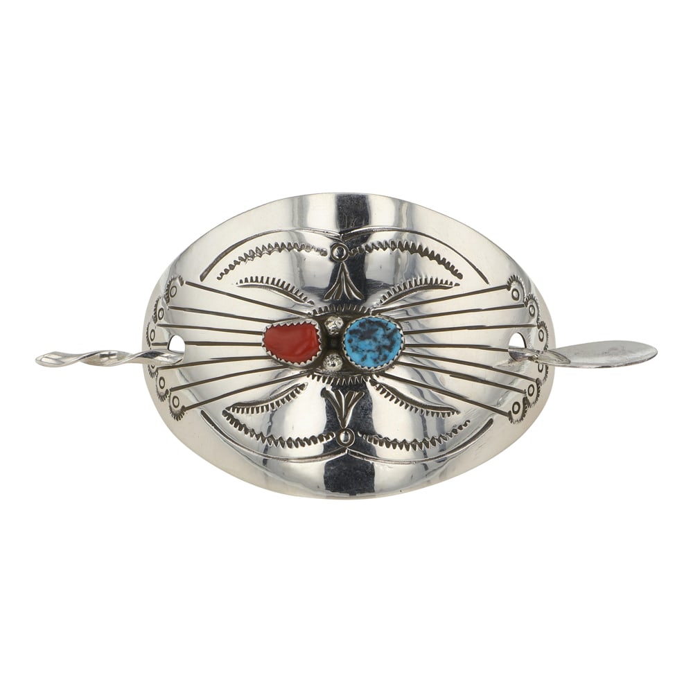 Navajo Turquoise & Coral Hair Barrette: Sterling Silver | Genuine Turquoise & Coral | Navajo Turquoise & Coral Hair Barrette | Navajo Native American Southwest Indian Jewelry | Good (no breaks or damages) | Approximate Weight: 18 Grams | Ha