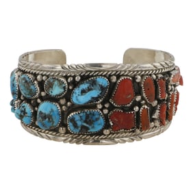 Vintage Navajo Turquoise & Coral Cuff Bracelet