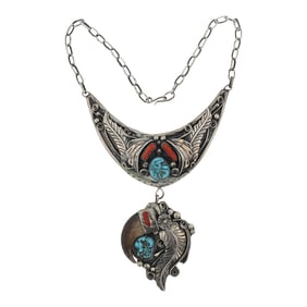 Vintage Navajo Turquoise & Coral Bear Claw Masterpiece Necklace