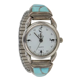 Vintage Zuni Sleeping Beauty Turquoise Inlay Watch bracelet