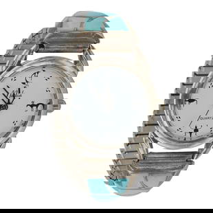 Vintage Zuni Sleeping Beauty Turquoise Inlay Watch bracelet: Sterling Silver | Genuine Sleeping Beauty Turquoise | Vintage Zuni Sleeping Beauty Turquoise Inlay Watch bracelet | Zuni Native American Southwest Indian Jewelry | Good (no breaks or damages) |
