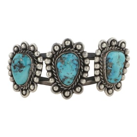 Vintage Navajo Ithaca Peak Turquoise Three Stone Cuff Bracelet