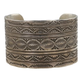 Rick Enriquez Navajo Plain Silver Wide Stamp-Work Cuff Bracelet