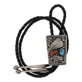 Vintage Navajo Turquoise & Coral Bolo Tie
