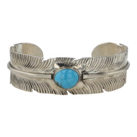 Kobe Martinez Navajo Kingman Turquoise Feather Cuff Bracelet