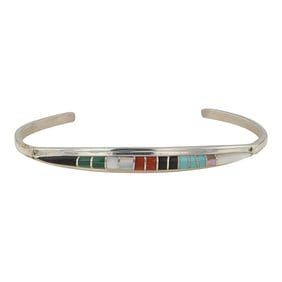 Zuni Turquoise Coral Mother of Pearl Malachite & Shell Fine Inlay Bracelet
