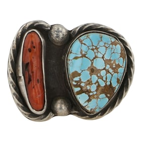 Rose Castillo Vintage Navajo Number Eight Turquoise & Coral Ring