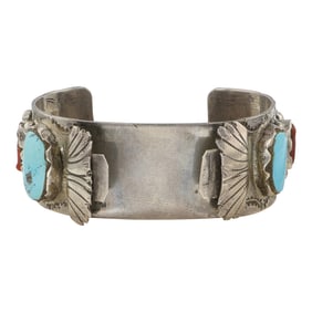 Vintage Navajo Turquoise & Coral Watch Cuff Bracelet